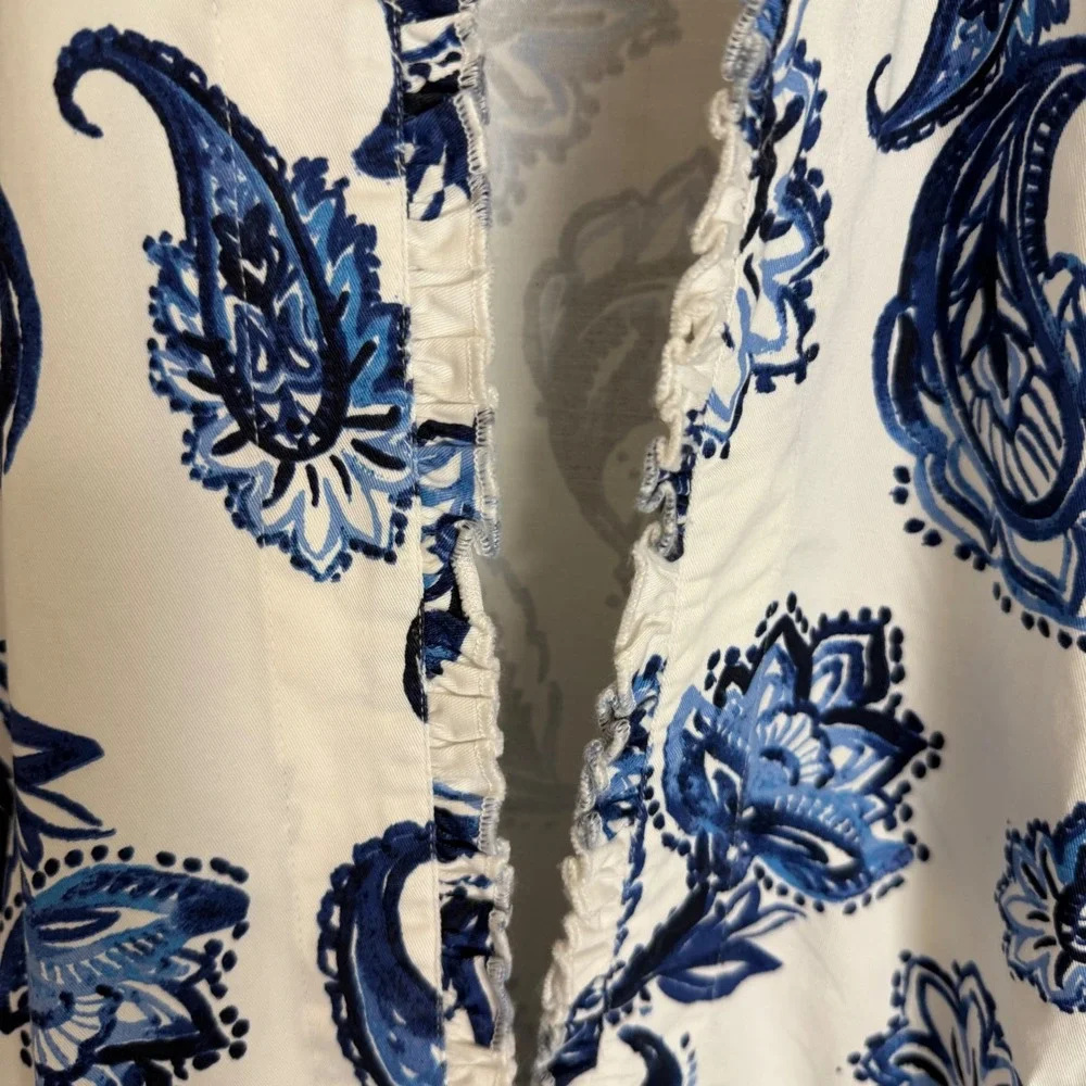 Appleseeds Blue White Paisley Ruffle Trim Open Front Jacket Womens Plus 3X - Picture 9 of 9